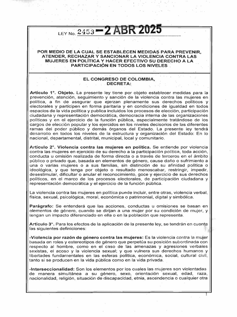 LEY No 2453 DE 2025 - VIOLENCIA CONTRA LAS MUJERES EN POLITICA Y ...