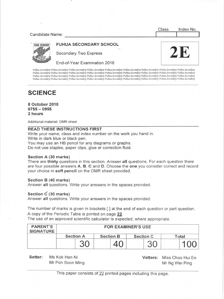 2018 Science Exam Paper for Secondary 2 | PDF | Atoms | Proton