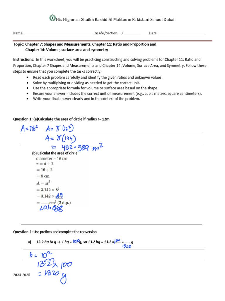 8th Grade Math: Shapes & Measurements Worksheet | PDF | Area | Volume