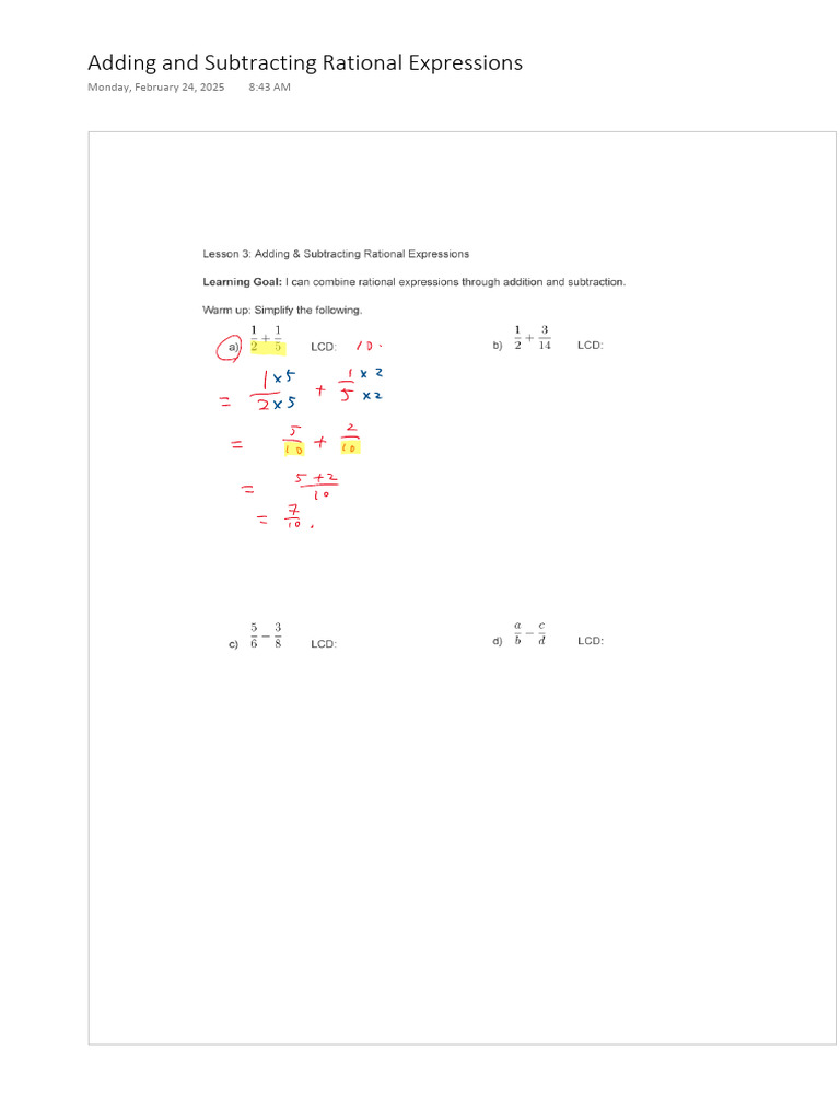 Adding and Subtracting Rational Expressions Afternoon' | PDF