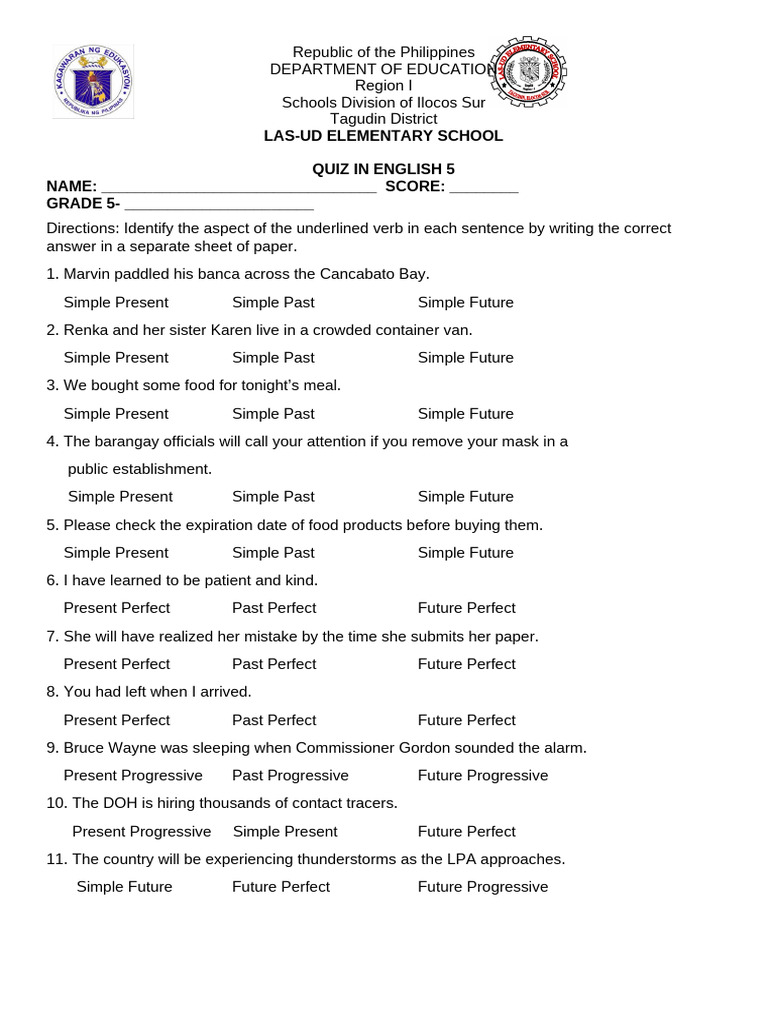 Grade 5 Verb Aspects Quiz Pdf Grammar Linguistics