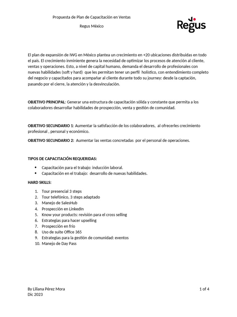 Plan de Capacitación en Ventas Regus México | PDF