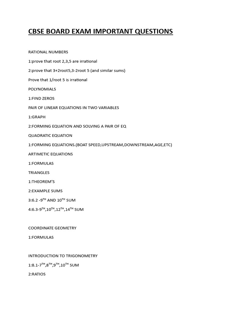 Cbse Board Exam Important Questions Maths | PDF