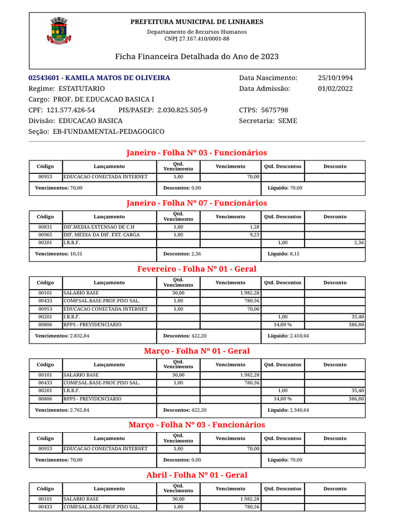 Relatório - Ficha Financeira | PDF | Compensação de emprego | Relações ...