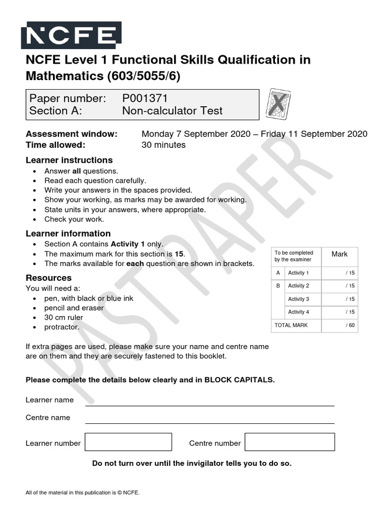 NCFE Level 1 Maths Past Paper P001371 | PDF