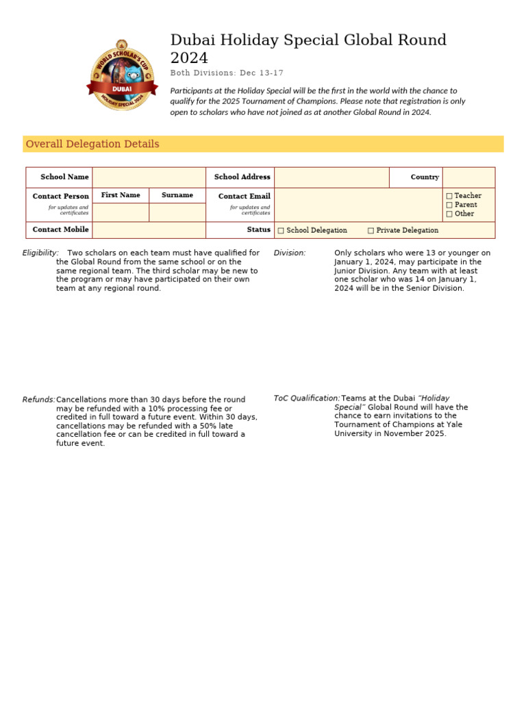 WSC Dubai Global Round 2024 Registration Form | PDF