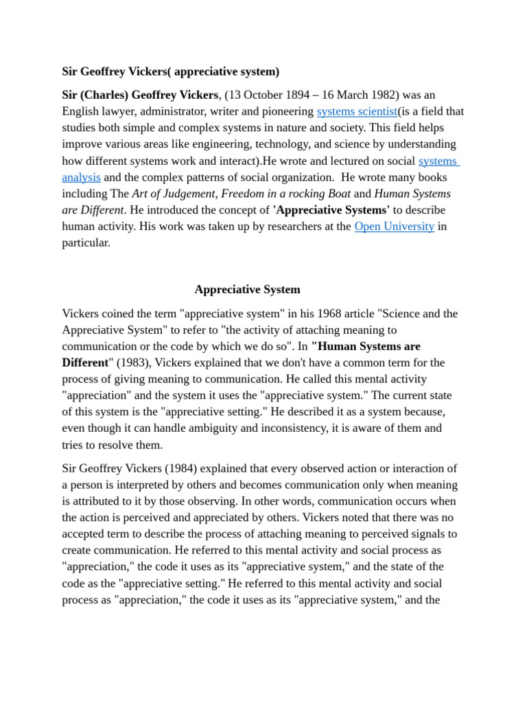 Vickers' Appreciative System Explained | PDF | Communication | Cognition