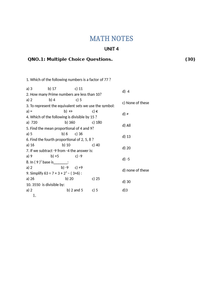 MATH NOTES Unit 4 | PDF