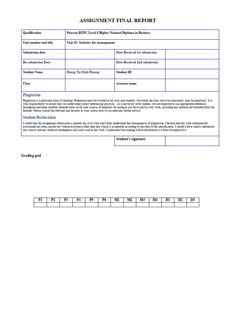BTEC Level 5 Business Statistics Report | PDF