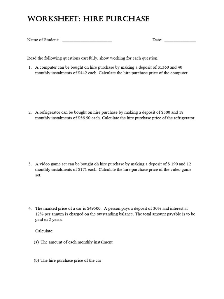 Hire Purchase Calculation Worksheet | PDF