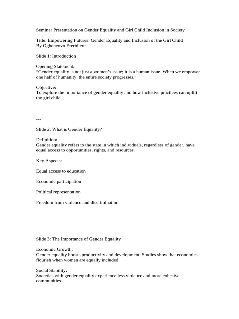 Gender Equality & Girl Child Inclusion | PDF | Gender Equality | Gender ...