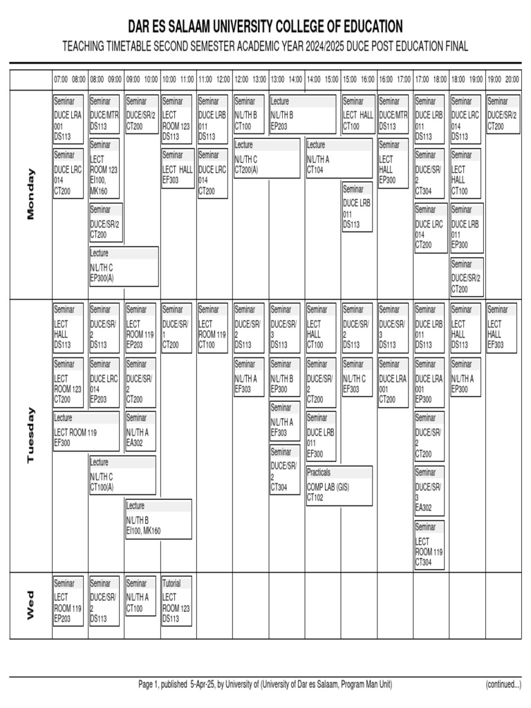 DUCE 2024/2025 Semester Timetable | PDF | Academia | Higher Education