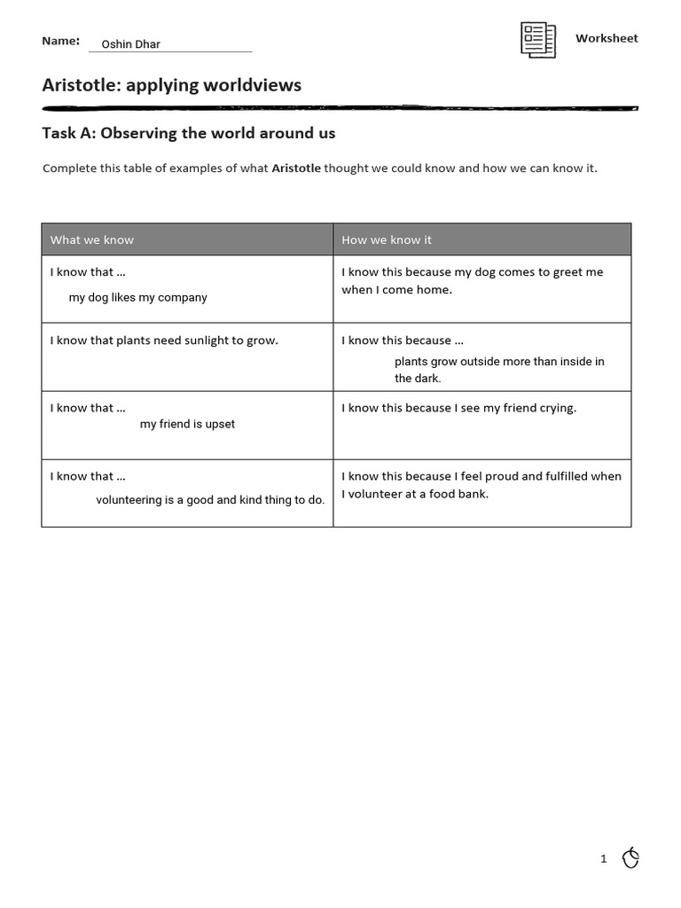 Aristotle's Worldviews Worksheet Guide | PDF