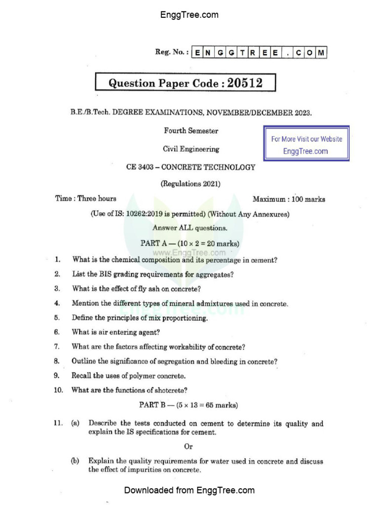 CE3403 Concrete Technology Nov Dec 2023 Question Paper Download | PDF