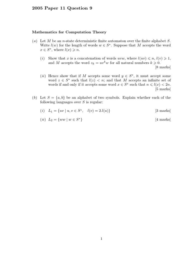 2005 Paper 11 Question 9: Mathematics For Computation Theory | PDF