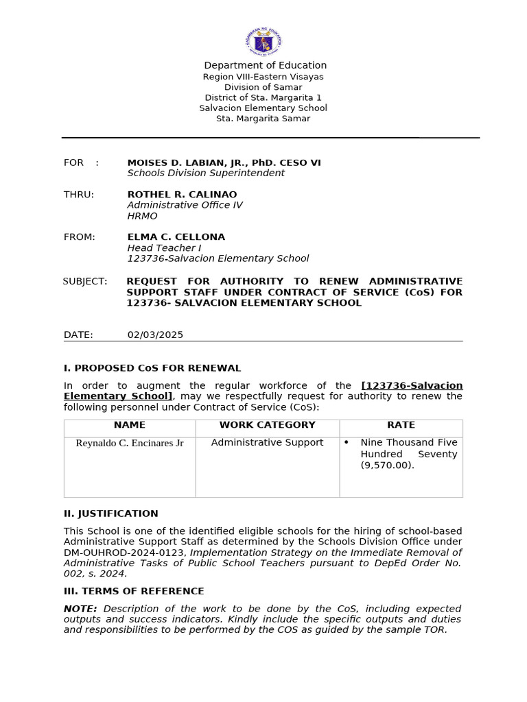 Request to Renew Administrative Support CoS | PDF