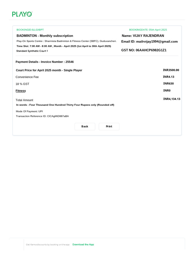 April 2025 Badminton Booking Invoice | PDF