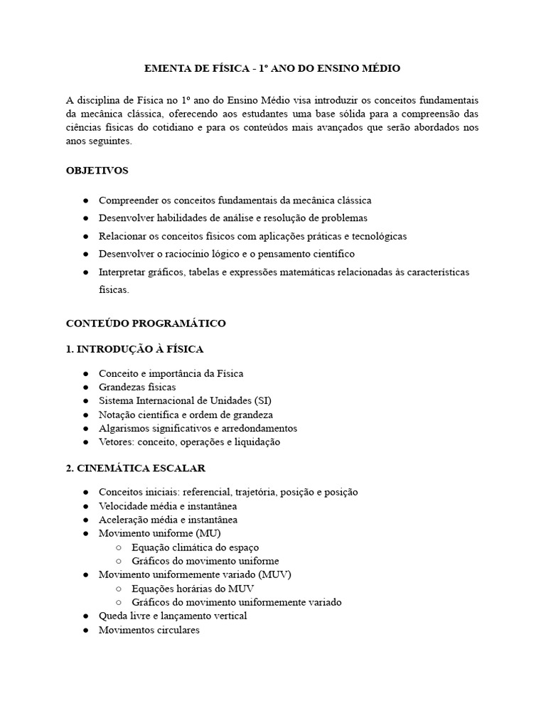 Ementa de Física - 1º Ano Ensino Médio | PDF | Leis do Movimento de ...