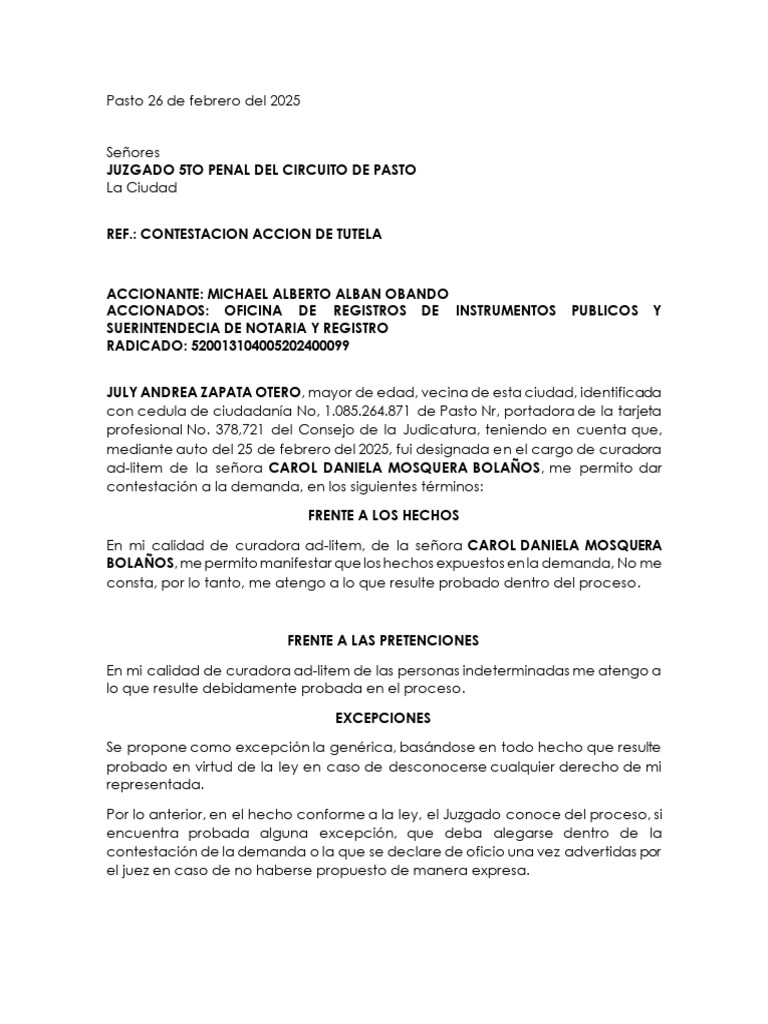 Contestación Acción de Tutela en Pasto | PDF