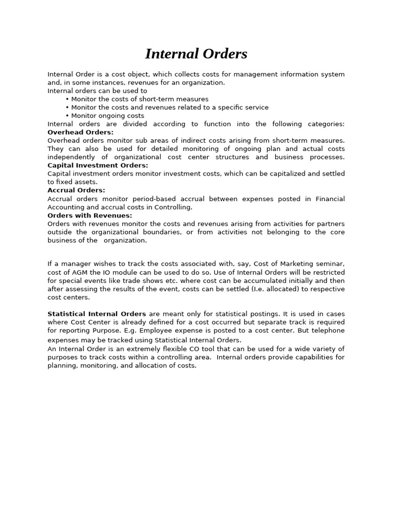 Understanding Internal Orders in Cost Control | PDF | Expense | Revenue