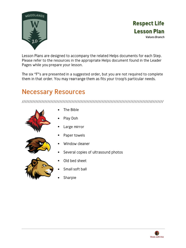 Respect Life Lesson Plans for Trailmen | PDF