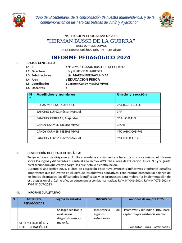 Informe Pedagógico 2024 (1) HBG | PDF | Modificación de comportamiento ...