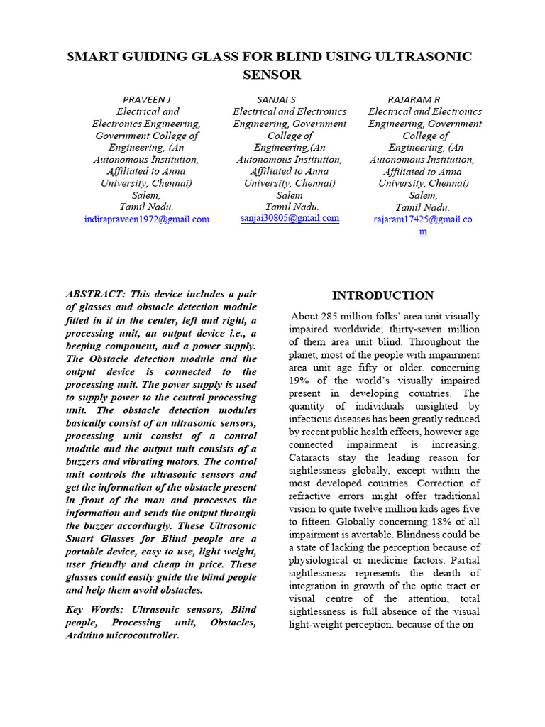 Smart Glasses for Blind Navigation | PDF | Visual Impairment | Ultrasound