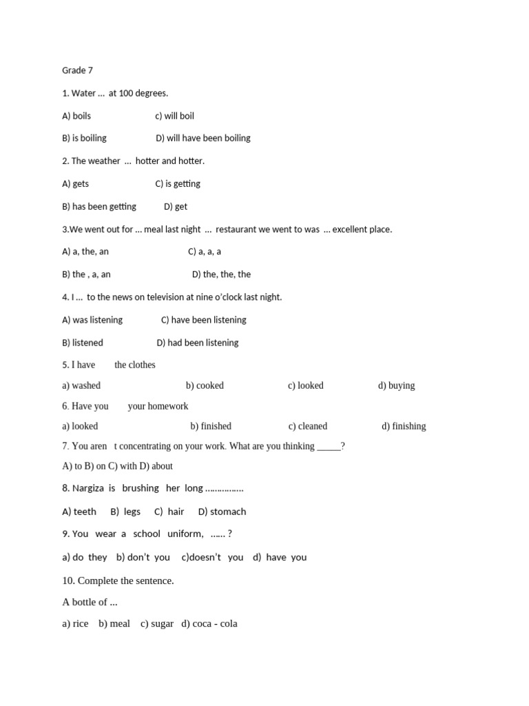 Grade 7 English Grammar Quiz Answers | PDF