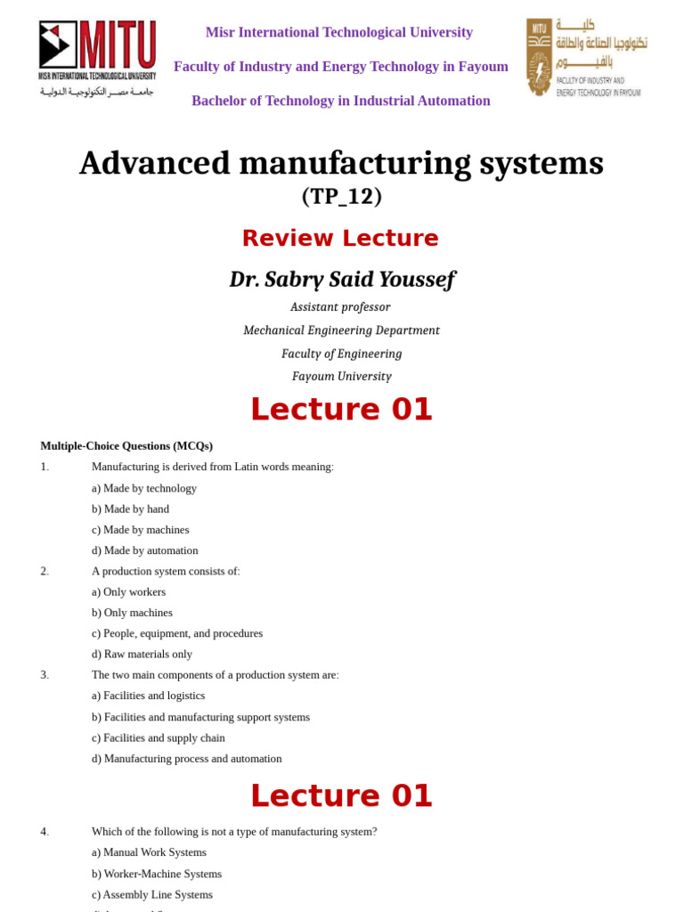 Advanced Manufacturing Systems Overview | PDF | Automation | Mechanical ...