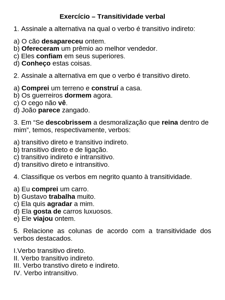Exercícios sobre Transitividade Verbal | PDF