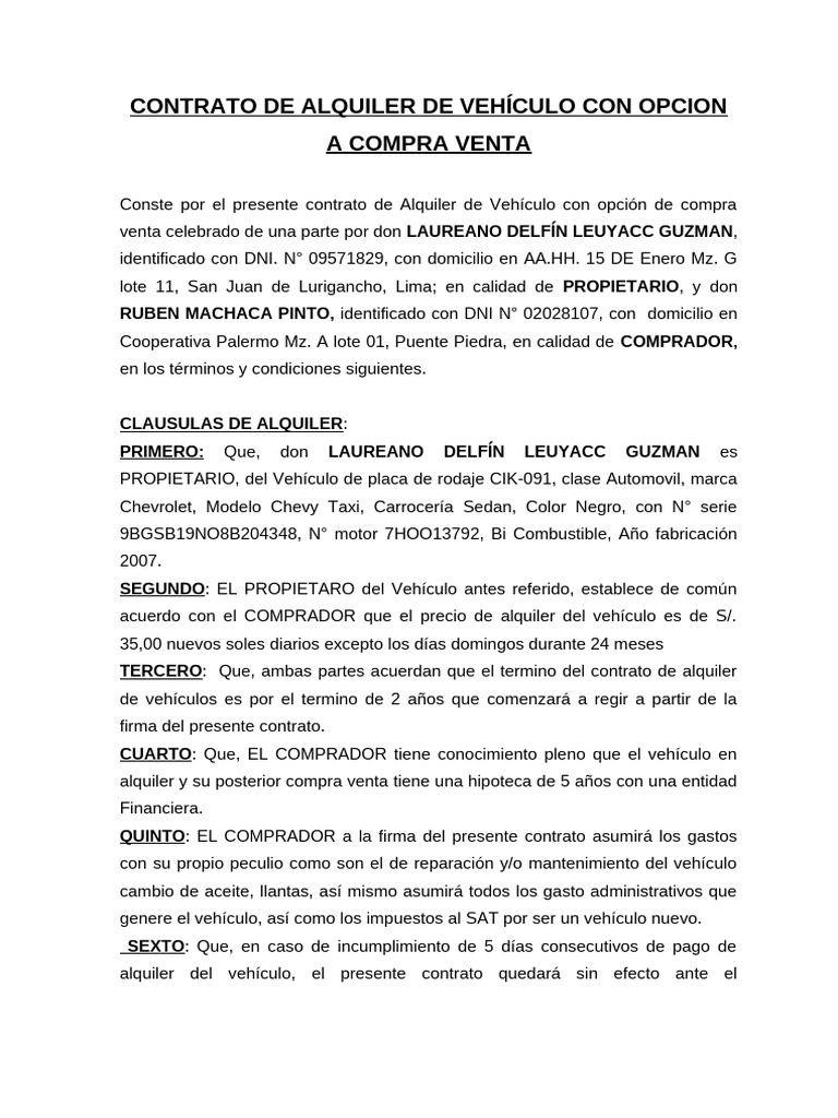 Contrato de Alquiler con Opción a Compra | PDF | Coche | Vehículos