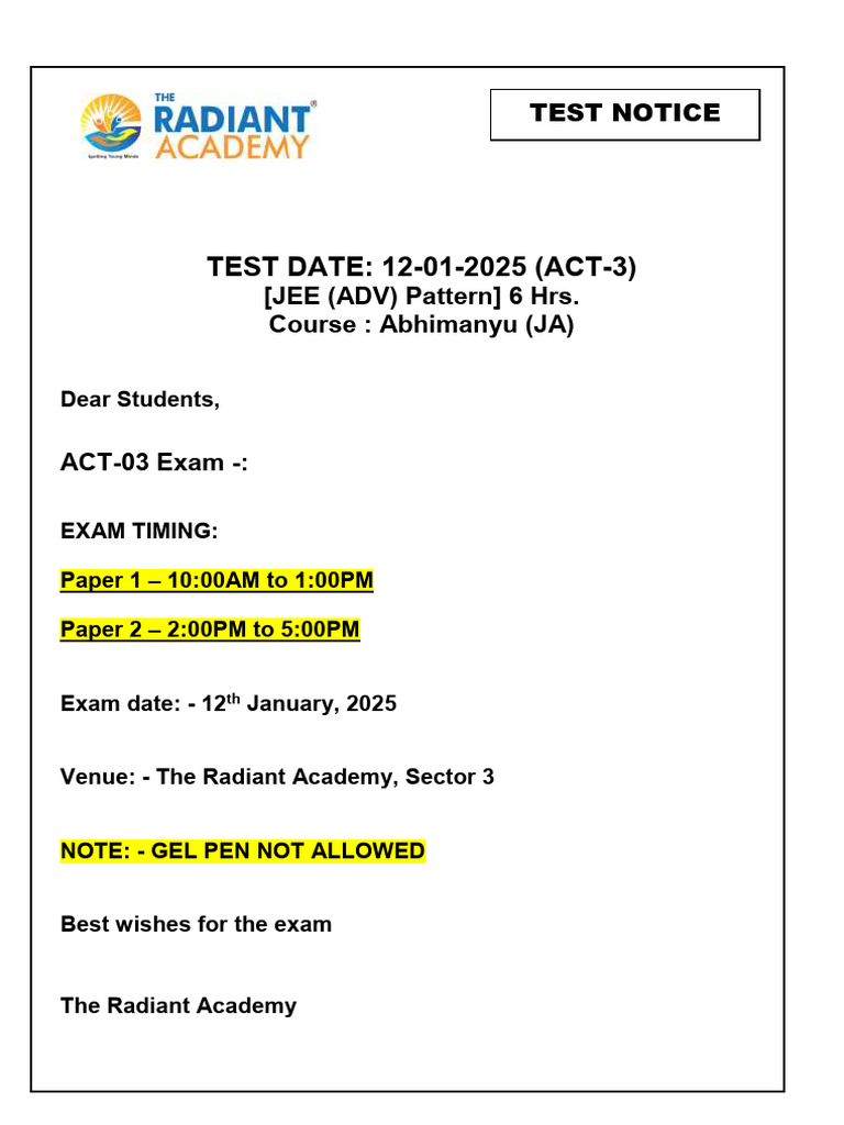 JEE (Adv) Exam Notice - 12 Jan 2025 | PDF