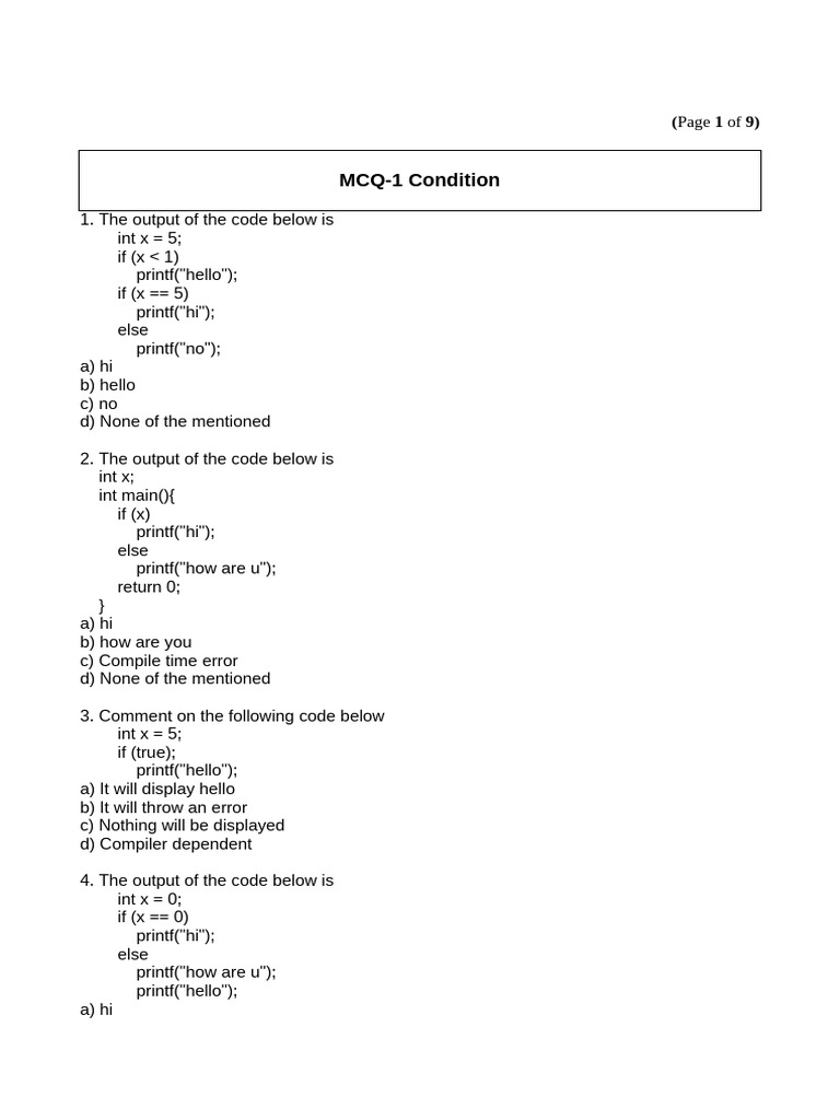 C Code Output and If Statement MCQs | PDF | C (Programming Language ...