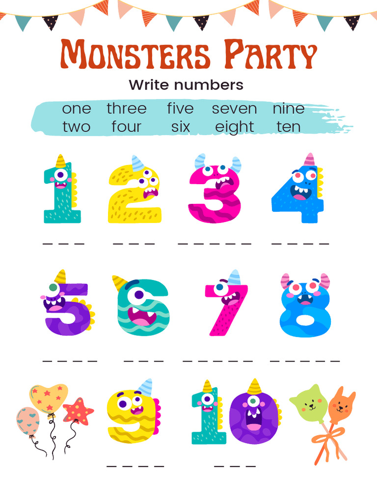Illustrative Playful Monters Shape Numbers Spelling English | PDF