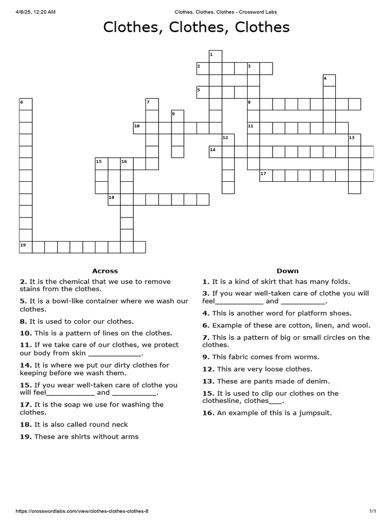 Clothing Crossword Puzzle PDF Clothing Aesthetics
