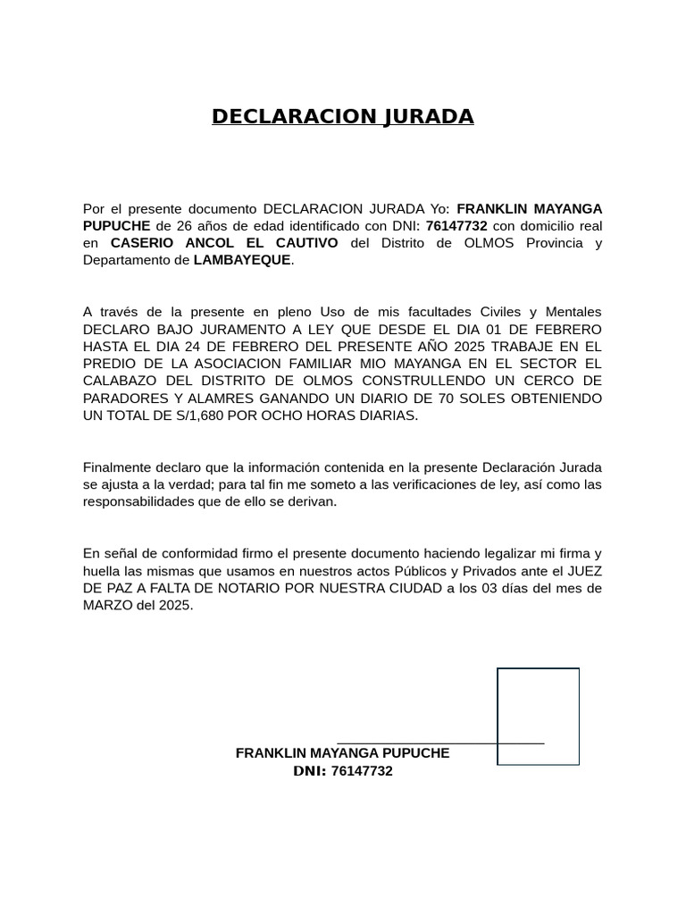 Declaraciones Juradas de Trabajo 2025 | PDF