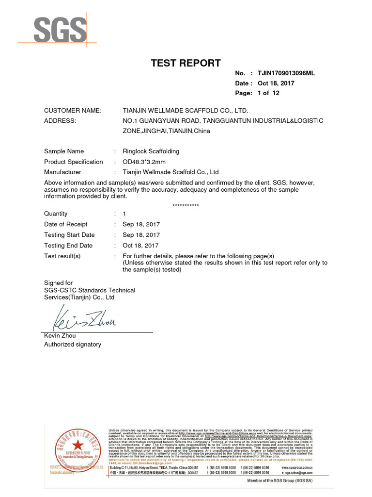 Ringlock Scaffolding Test Report | PDF | Scaffolding | Mechanical ...