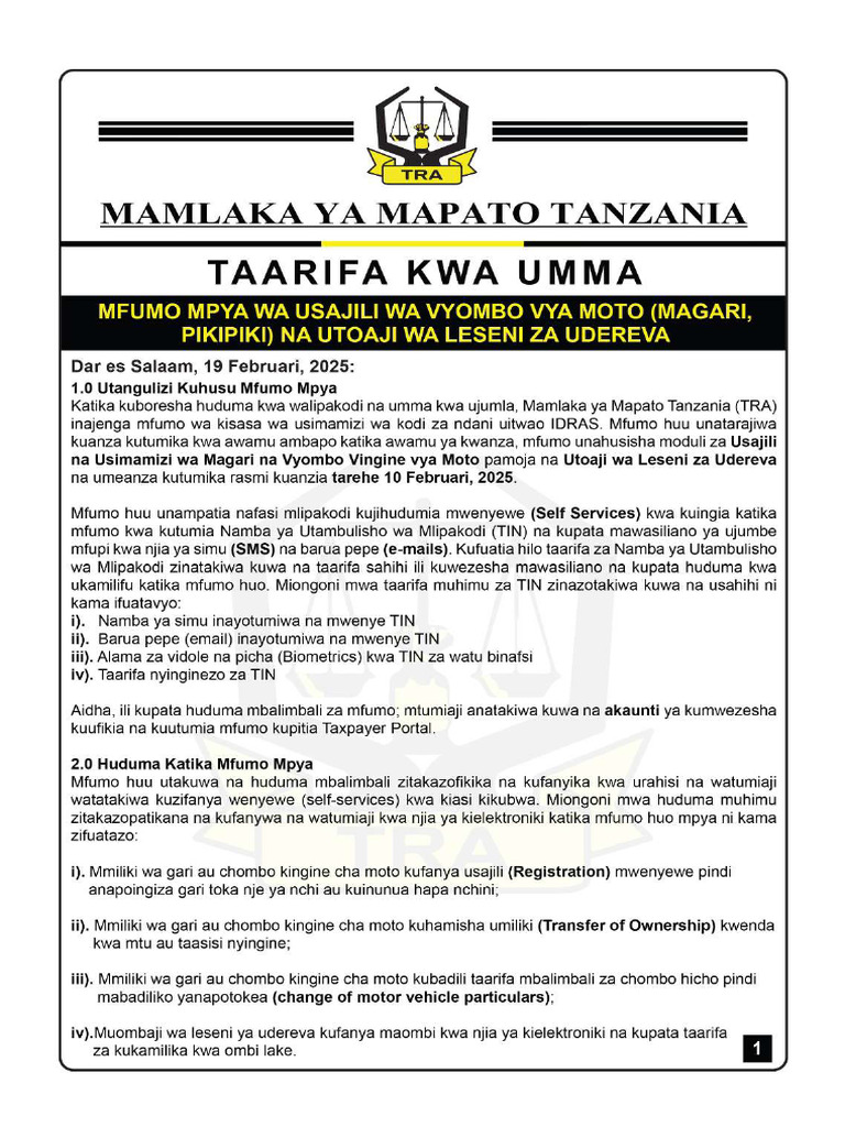 Taarifa Kwa Umma Magari | PDF
