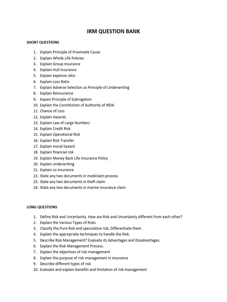 Irm Question Bank: Short Questions | PDF | Insurance | Risk