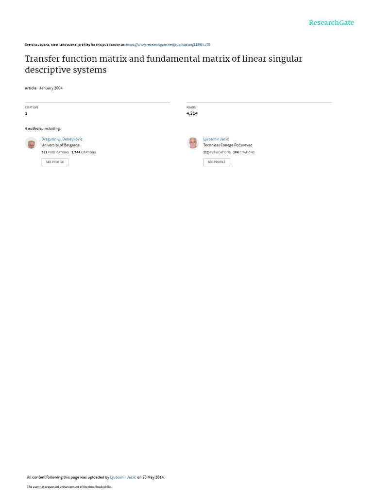 Transfer Functions in Singular Systems | PDF | Matrix (Mathematics ...