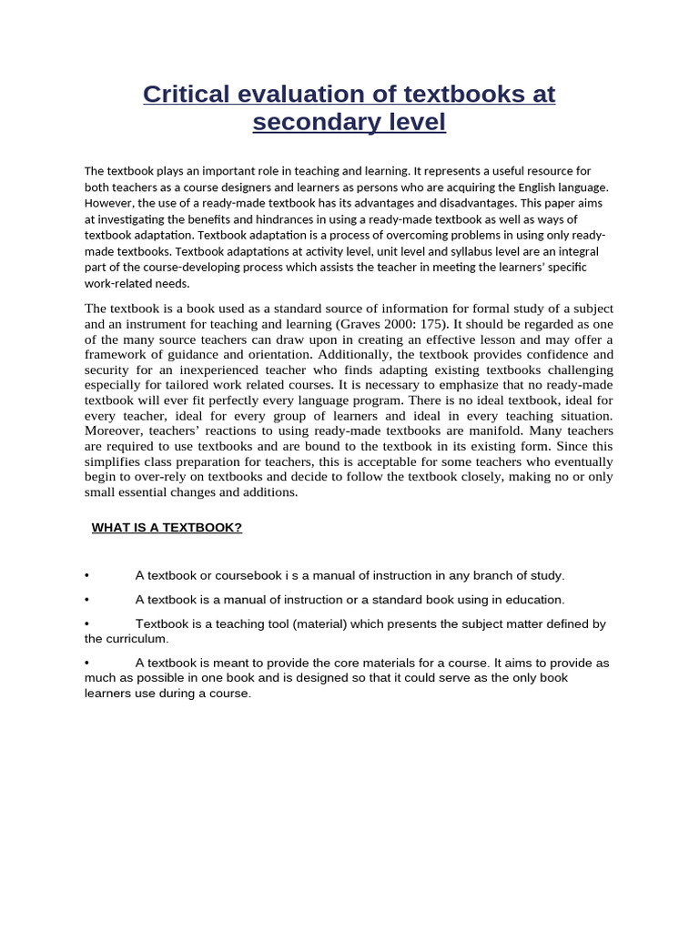 Critical Evaluation of Secondary Textbooks | PDF | Teachers | Learning