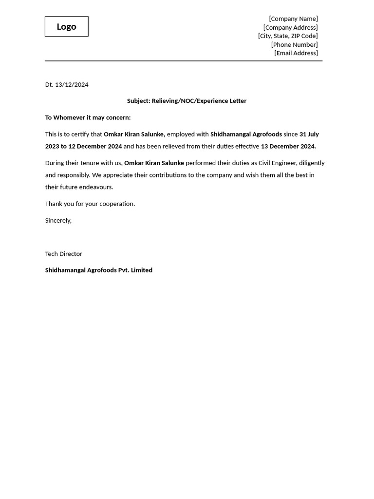 Relieving Letter for Civil Engineer | PDF