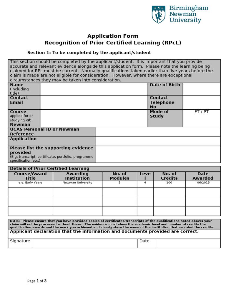 RPL Application Form for Newman College | PDF | Learning