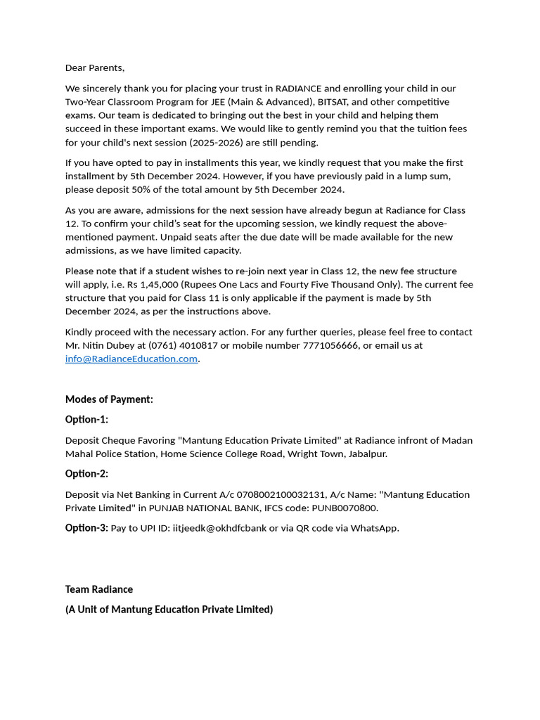 Tuition Fee Reminder for Parents | PDF