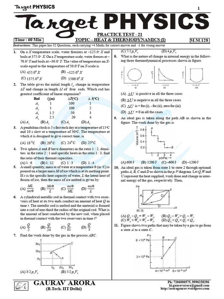 Practice Test - 21 (I) | PDF | Temperature | Heat