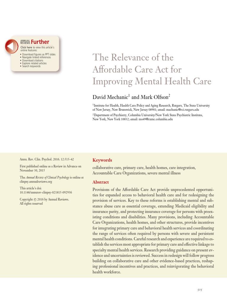 The Relevance of the Affordable Care Act for Improving Mental Health ...