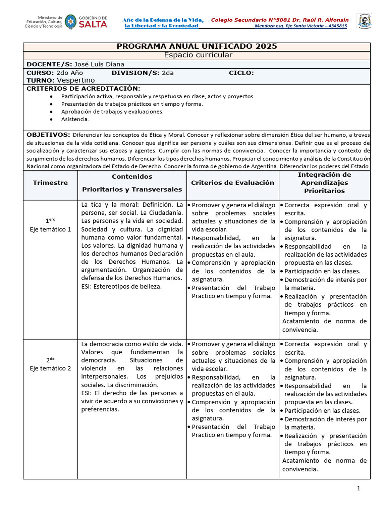 PROGRAMA 2025 Raul Alfonsin - 2 ° Jose Diana - B | PDF | Derechos ...