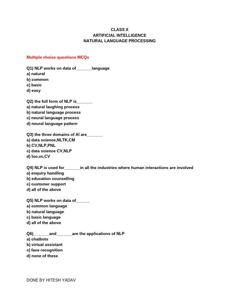 AI CH-Natural Language Processing Class 10th A BY HITESH YADAV | PDF ...