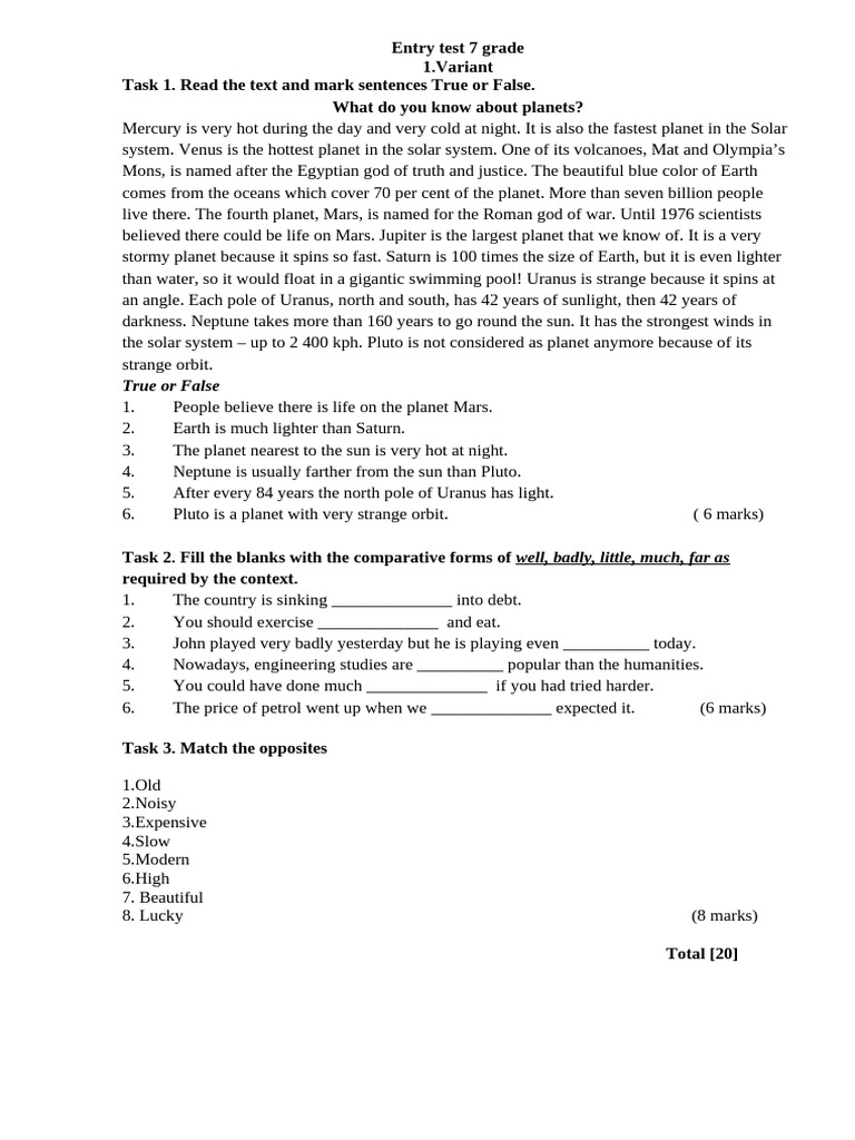Entry Test 2024 7 Grade | PDF | Planets | Solar System