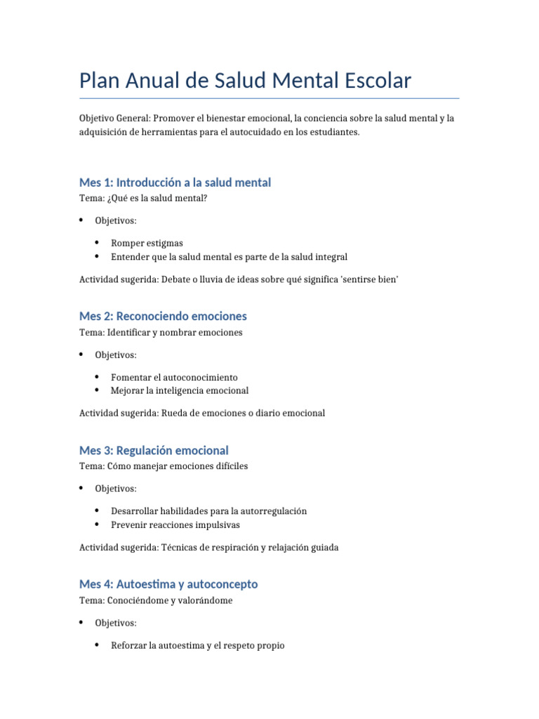Plan Anual de Salud Mental Escolar | PDF | Las emociones | Mente